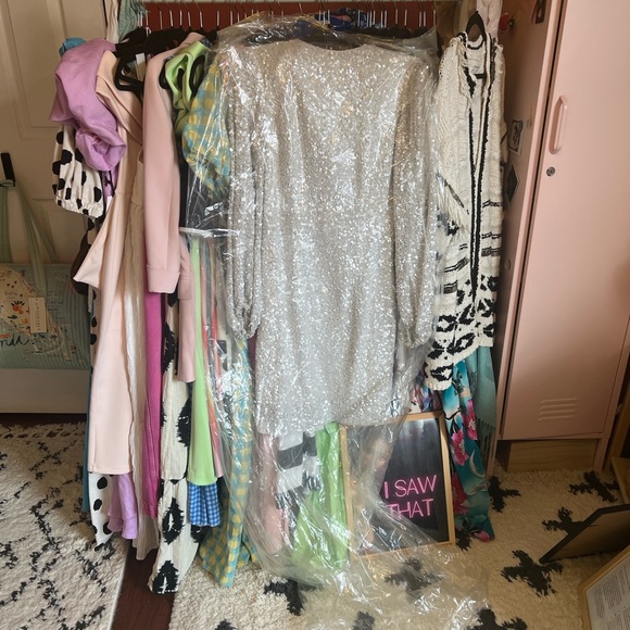 BHLDN Anthropologie Goldie White Sequin Mini Dress Long Sleeves - Picture 14 of 14